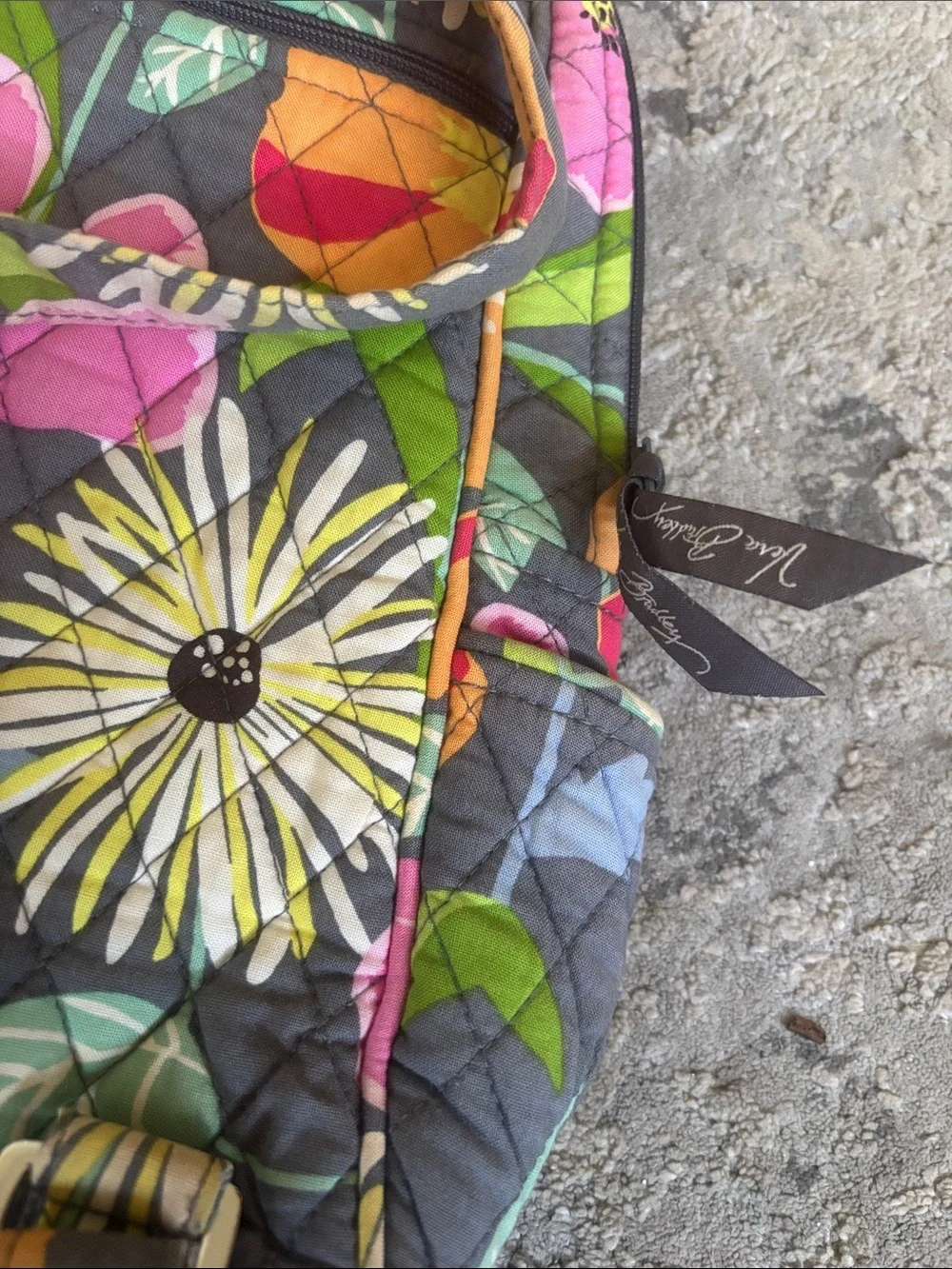Vera Bradley Quilted Floral Backpack in Gray with Pink, Yellow & Green Accents